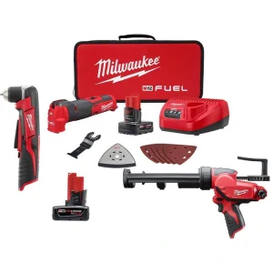 Milwaukee M12 FUEL 12V Li-Ion Cordless Multi-Tool Kit w/ 10 oz. Caulk/Adhesive Gun, 3/8 in. Right Angle Drill & 6.0Ah Battery
