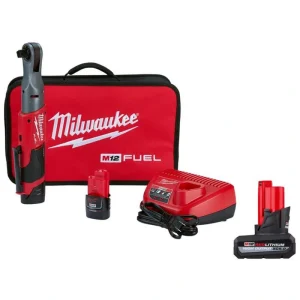 Milwaukee M12 FUEL 12V Lithium-Ion Brushless 1/2 in. Cordless Ratchet Kit W/(2) 2.0Ah Batteries, Charger, Bag & 5.0 Ah Battery
