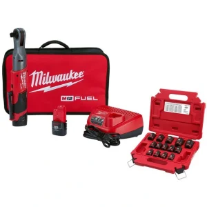 Milwaukee M12 FUEL 12V Lithium-Ion Brushless 1/2 in. Cordless Ratchet Kit W/(2) 2.0Ah Batteries, Charger, Bag & Metric Socket Set