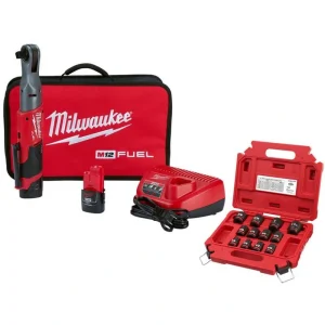 Milwaukee M12 FUEL 12V Lithium-Ion Brushless 1/2 in. Cordless Ratchet Kit W/(2) 2.0Ah Batteries, Charger, Bag & SAE Socket Set