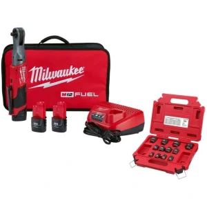 Milwaukee M12 FUEL 12V Lithium-Ion Brushless 3/8 in. Cordless Ratchet Kit with (2) 2.0Ah Batteries, Charger, Bag, & SAE Socket Set