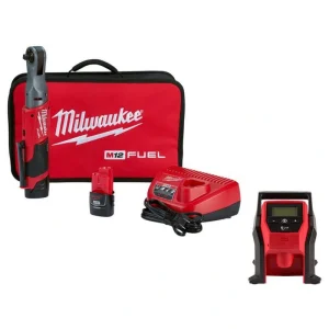 Milwaukee M12 FUEL 12V Lithium-Ion Brushless Cordless 3/8 in. Ratchet Kit W/M12 Compact Inflator