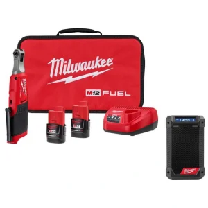 Milwaukee M12 FUEL 12V Lithium-Ion Brushless Cordless High Speed 1/4 in. Ratchet Kit W/M12 Bluetooth Jobsite Radio with Charger