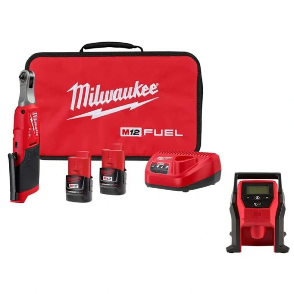 Milwaukee M12 FUEL 12V Lithium-Ion Brushless Cordless High Speed 1/4 in. Ratchet Kit W/M12 Compact Inflator