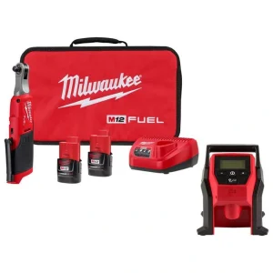 Milwaukee M12 FUEL 12V Lithium-Ion Brushless Cordless High Speed 3/8 in. Ratchet Kit W/M12 Compact Inflator
