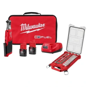 Milwaukee M12 FUEL 12V Lithium-Ion Brushless High Speed 3/8 in. Cordless Ratchet Kit w/3/8 in. SAE Ratchet & Socket Mechanics Set