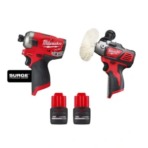Milwaukee M12 FUEL SURGE 12V 1/4 in. Hex Impact Driver w/M12 12V Variable Speed Polisher/Sander & (2) M12 HO 2.5 Ah Battery Packs