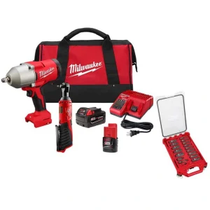 Milwaukee M12/M18 12/18V Lithium-Ion Cordless 3/8 in. Ratchet & 1/2 in. Impact Wrench Combo Kit w/Socket Set (17-Piece)