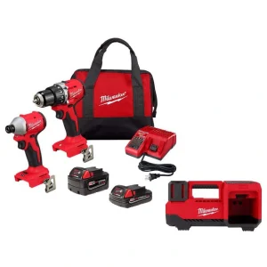 Milwaukee M18 18-Volt Lith-Ion Brushless Cordless Compact Hammer Drill/Impact Combo Kit w/2 Batteries & M18 Portable Inflator