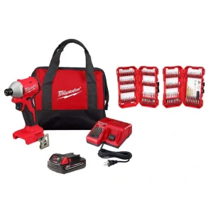 Milwaukee M18 18-Volt Lith-Ion Compact Brushless Cordless Impact Driver Kit w/One 2.0 Ah Battery, Charger & Bit Set (120-Piece)