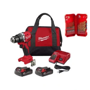 Milwaukee M18 18-Volt Lithium-Ion Brushless Cordless 1/2 in. Compact Drill/Driver Kit with Titanium Drill Bit Set (23-Piece)
