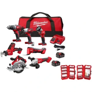 Milwaukee M18 18-Volt Lithium-Ion Cordless Combo Kit 7-Tool with 2-Batteries, Charger and Tool Bag with Bit Set (120-Piece)