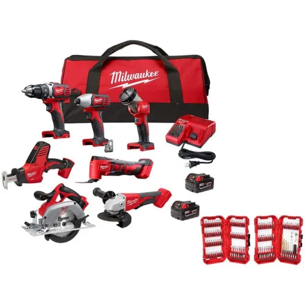 Milwaukee M18 18-Volt Lithium-Ion Cordless Combo Kit 7-Tool with 2-Batteries, Charger and Tool Bag with Bit Set (120-Piece)