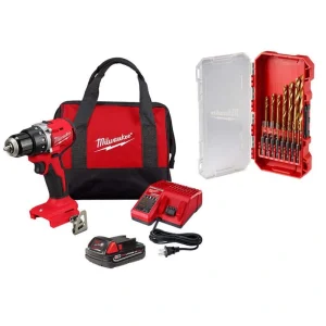 Milwaukee M18 18V Lith-Ion Brushless Cordless Compact Drill/Driver with One 2.0 Ah Battery, Charger & Drill Bit Set (15-Piece)