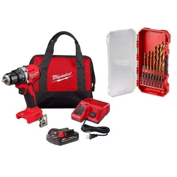 Milwaukee M18 18V Lith-Ion Brushless Cordless Compact Drill/Driver with One 2.0 Ah Battery, Charger & Drill Bit Set (15-Piece)