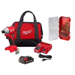 Milwaukee M18 18V Lith-Ion Compact Brushless Cordless Impact Driver Kit w/One 2.0 Ah Battery, Charger & Drill Bit Set (15-Piece)