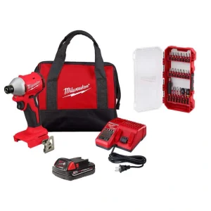 Milwaukee M18 18V Lith-Ion Compact Brushless Cordless Impact Driver Kit with One 2.0 Ah Battery, Charger & Bit Set (25-Piece)