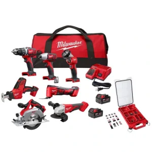 Milwaukee M18 18V Lith-Ion Cordless Combo Kit 7-Tool w/2-Batteries, Charger & SHOCKWAVE Screw Driver Bit Set (100-Piece)