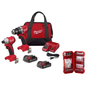 Milwaukee M18 18V Lithium-Ion Brushless Cordless Compact Drill/Impact Combo Kit with SHOCKWAVE Screwdriving Drill Bit Set