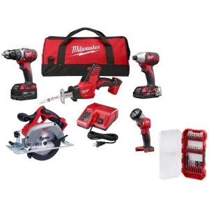 Milwaukee M18 18V Lithium-Ion Cordless Combo Kit (5-Tool) with (1) 3.0Ah and (1) 1.5Ah Battery, (1) Charger & Bit Set (25-Piece)