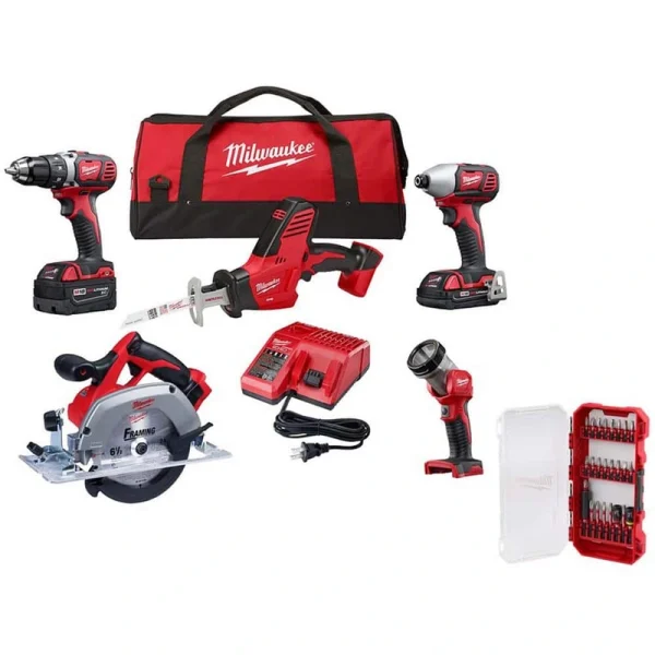 Milwaukee M18 18V Lithium-Ion Cordless Combo Kit (5-Tool) with (1) 3.0Ah and (1) 1.5Ah Battery, (1) Charger & Bit Set (25-Piece)
