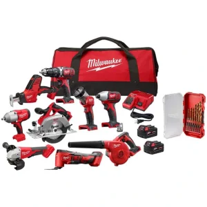 Milwaukee M18 18V Lithium-Ion Cordless Combo Kit (9-Tool) with (2) Batteries, Charger & Drill Bit Set (15-Piece)