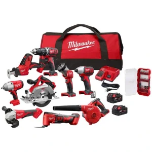 Milwaukee M18 18V Lithium-Ion Cordless Combo Kit (9-Tool) with (2) Batteries, Charger & SHOCKWAVE Screw Driver Bit Set (25-Piece)