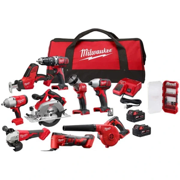 Milwaukee M18 18V Lithium-Ion Cordless Combo Kit (9-Tool) with (2) Batteries, Charger & SHOCKWAVE Screw Driver Bit Set (25-Piece)