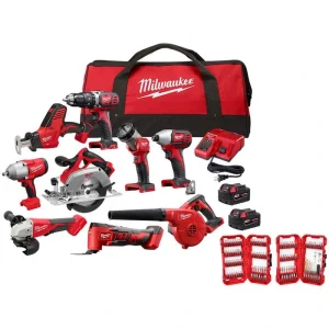 Milwaukee M18 18V Lithium-Ion Cordless Combo Kit (9-Tool) with (2) Batteries, Charger, Tool Bag & Bit Set (120-Piece)
