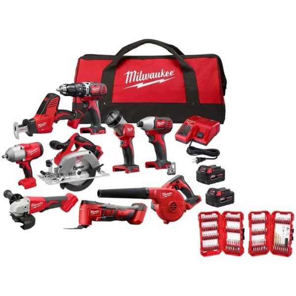 Milwaukee M18 18V Lithium-Ion Cordless Combo Kit (9-Tool) with (2) Batteries, Charger, Tool Bag & Bit Set (120-Piece)