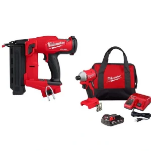 Milwaukee M18 FUEL 18-Volt Lithium-Ion Brushless Cordless Gen II 18-Gauge Brad Nailer W/M18 Brushless 1/4″ Hex Impact Driver Kit
