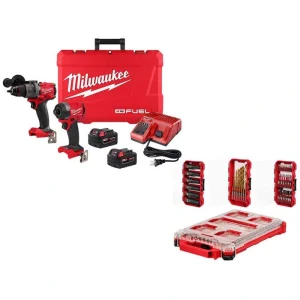 Milwaukee M18 FUEL 18V Li-Ion Brushless Cordless Hammer Drill and Impact Driver Combo Kit w/2 Batteries & PACKOUT Bit Set (60-Pc)