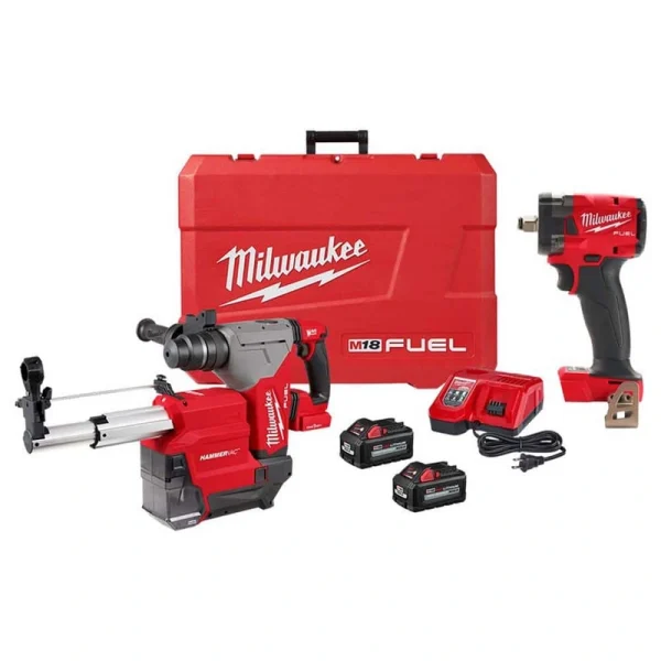 Milwaukee M18 FUEL 18V Lith-Ion Brushless 1-1/8 in. Cordless SDS-Plus Rotary Hammer w/2 Batteries & M18 FUEL Impact Wrench