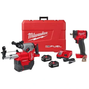 Milwaukee M18 FUEL 18V Lith-Ion Brushless 1 in. Cordless SDS-Plus Rotary Hammer w/2 Batteries & M18 FUEL 1/2 in. Impact Wrench
