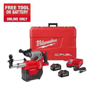 Milwaukee M18 FUEL 18V Lithium-Ion Brushless 1 in. Cordless SDS-Plus Rotary Hammer/Dust Extractor Kit, Two 6.0 Ah Batteries