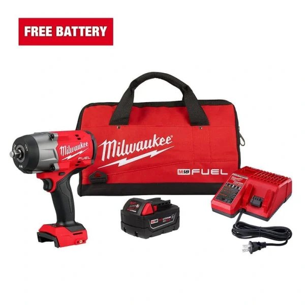 Milwaukee M18 FUEL 18V Lithium-Ion Brushless Cordless 1/2 in. Impact Wrench w/Friction Ring Kit w/One 5.0 Ah Battery and Bag
