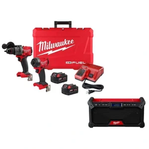 Milwaukee M18 FUEL 18V Lithium-Ion Brushless Cordless Hammer Drill and Impact Driver Combo Kit with 2 Batteries & Jobsite Radio