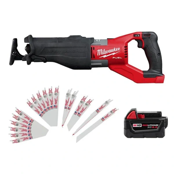 Milwaukee M18 FUEL 18V Lithium-Ion Brushless Cordless SUPER SAWZALL Orbital Reciprocating Saw w/5.0Ah Battery & Sawzall Blade Set