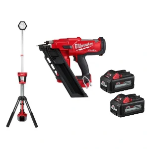 Milwaukee M18 FUEL 3-1/2 in. 18-Volt 30-Degree Lithium-Ion Brushless Cordless Nailer w/Tower Light, Two 6Ah HO Batteries