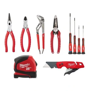 Milwaukee Pliers Kit with Screwdriver Set, 25 ft. Compact Tape Measure and FASTBACK Folding Utility Knife (10-Piece)