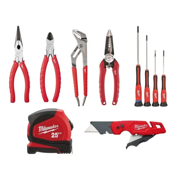 Milwaukee Pliers Kit with Screwdriver Set, 25 ft. Compact Tape Measure and FASTBACK Folding Utility Knife (10-Piece)
