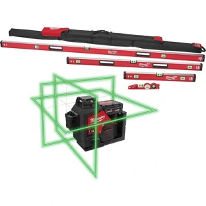 Milwaukee Redstick Magnetic Box Level Set with Torpedo Level and M12 12-Volt Green 250 ft. 3-Plane Laser Level Kit (6-Piece)