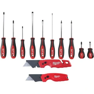 Milwaukee Screwdriver Set with Fastback Folding Utility Knife with Blade Storage and Compact Folding Utility Knife (12-Piece)
