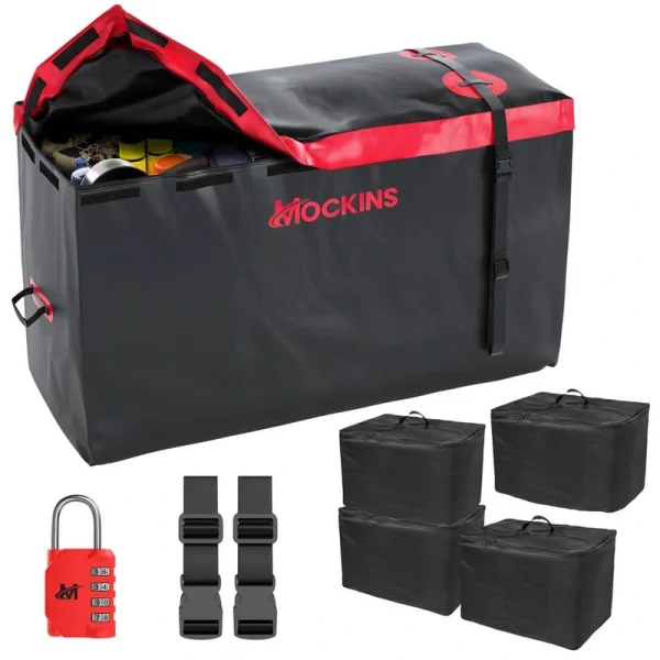 Mockins 15 cu. ft. Waterproof Cargo Carrier Bag 48 in. x 31 in. x 18 in. Hitch Cargo Bag and 4-Pack Cubes, Red