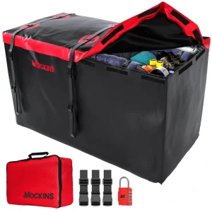 Mockins 40 cu. Ft. Waterproof Cargo Carrier Bag 70 in. x 33 in. x 30 in. Hitch Bag with Lock, Straps and Carry Bag – Red
