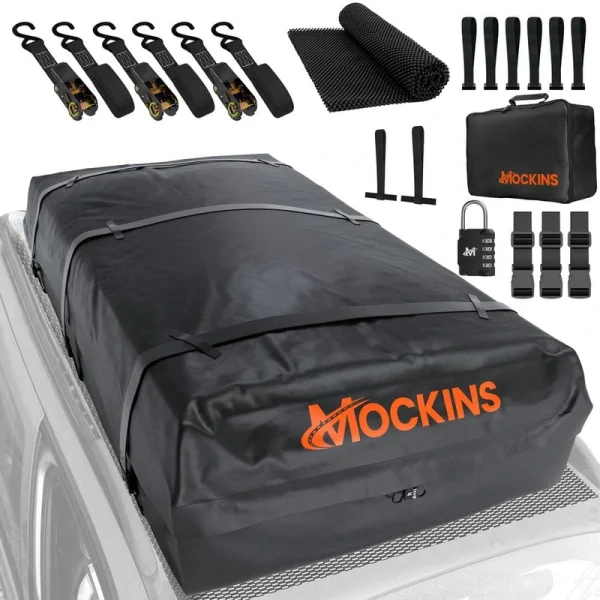 Mockins 40 Cu. ft. Waterproof Rooftop Cargo Carrier Bag – 72 in x 48 in x 20 in Soft Shell Roof Bag w/ Carry Bag and Accessories