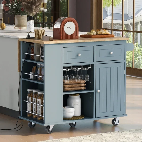 ModernLuxe Blue Wood Base with Wood Top Rolling Kitchen Island (29.33-in x 39.8-in x 33.7-in)