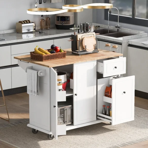 ModernLuxe White Wood Base with Wood Top Rolling Kitchen Island (28.74-in x 53.94-in x 36.81-in)