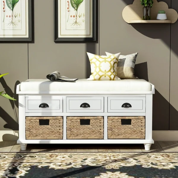 Mondawe Rustic White Storage Bench 42.1-in x 15.4-in x 18.7-in