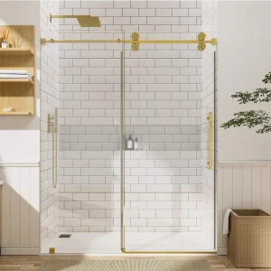 NANAWO 60 in. W x 72 in. H Single Sliding Frameless Shower Door in Brushed Gold with 3/8 in. Clear Glass
